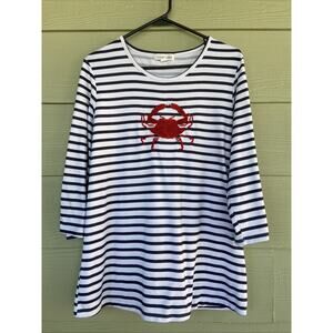 Clover + Pine Navy Blue White Nautical Stripe Embroidered Crab Shirt Medium
